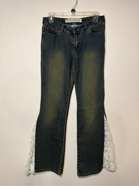 Joe Boxer Y2K Low Rise Flare Jeans Crochet Lace Insert Boho Dark Wash Size 5